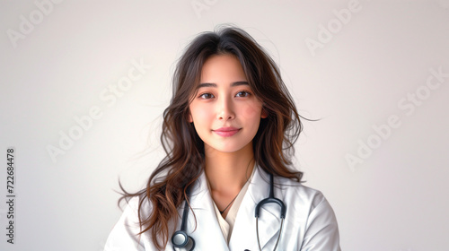 Beautiful and cheerful good mood young lady doctor dressed uniform smiling on lobby hospital, white background.