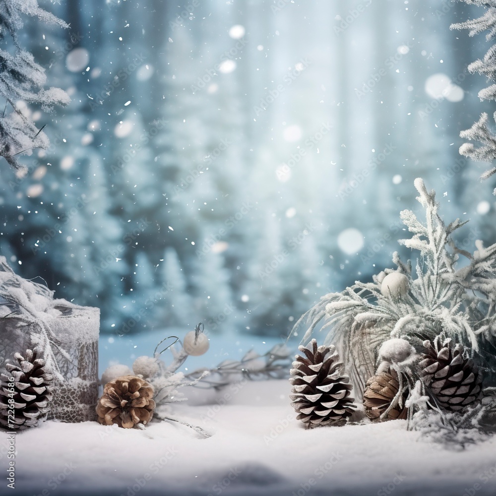 Cold Winter Nature Scene with Snow, Fairy Lights, Holly and Pinecones, White Background 