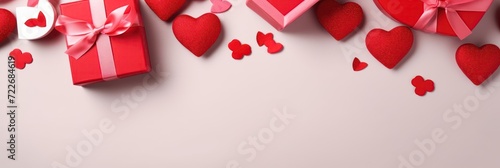 Valentine's day background with gift boxes and red hearts on white background top view. © IlluGrapix