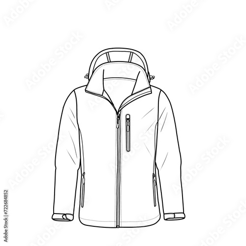 Men's jacket with hoodie windbreaker. Fashion sketch. Flat technical drawing. Vector illustration.