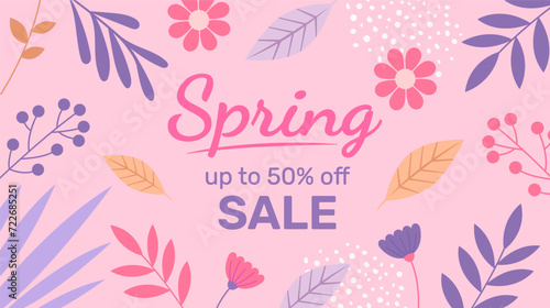 Fototapeta Naklejka Na Ścianę i Meble -  Spring Sale Header or Banner Design, Minimalistic style with floral elements and texture. Editable vector template for card, banner, invitation, social media post, poster, mobile apps, web ads