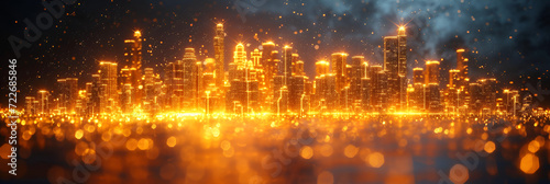 A neon illustration of a yellow city skyline. Created with generative AI.
