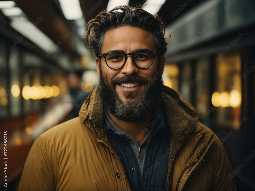 A bearded man with glasses smiling in a yellow jacket A bearded man with glasses smiling in a yellow jacket