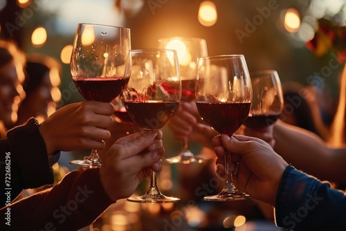 Hand holding glass of red wine , people cheering, cheers, spending a moment together with friends, party, happy moment, wine tasting, cheering, family, Generative AI