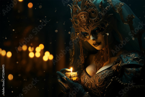 Discover enchantment in a woman adorned with a Venetian mask lit by candles, showcasing dark gold and emerald hues, intricate detail, and disturbingly whimsical charm
