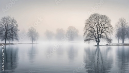 Water And Trees In Foggy Snowy Winter Background