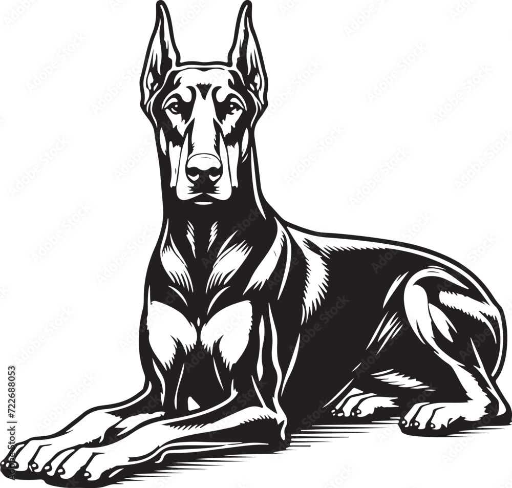 Doberman Pinscher dog silhouette stencil line art black and white with ...
