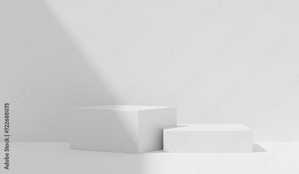Step podium product placement natural sunlight shadow on white plaster wall background. Pedestal for overlay on product presentation, Space for text. Studio branding interior concept. 3d render Step podium product placement natural sunlight shadow on white plaster wall background. Pedestal for overlay on product presentation, Space for text. Studio branding interior concept. 3d render