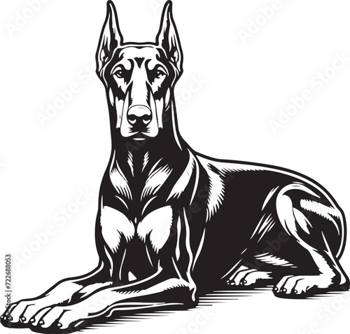 Doberman Pinscher dog silhouette stencil line art black and white with transparent background