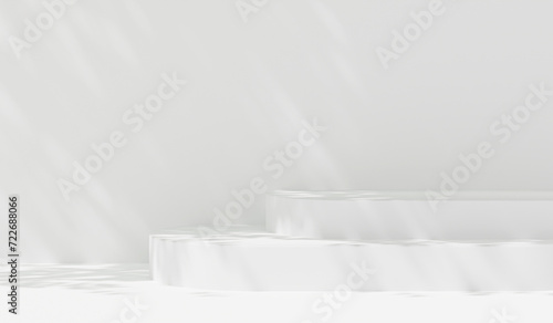 Podium product placement leaves shadow on white plaster wall background. Abstract studio for product presentation. product room studio display  presentation business, Mockup, cosmetic 3d illustrator