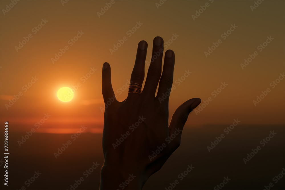 Captivating African hand gesture unveils the sun in narrative visual storytelling, adorned with whiplash lines, patience of a saint, and striking teal and bronze tones