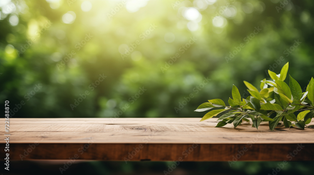 Fototapeta premium Wooden Desk and Forest Background. Generative AI.