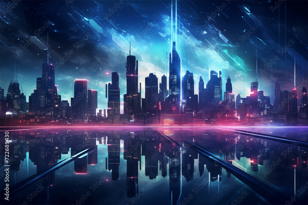 Immerse yourself in a mesmerizing scifi city skyline wallpaper with anime aesthetic, blending dark turquoise, light magenta, and enchanting cityscapes, perfect for video montages and manapunk enthusia