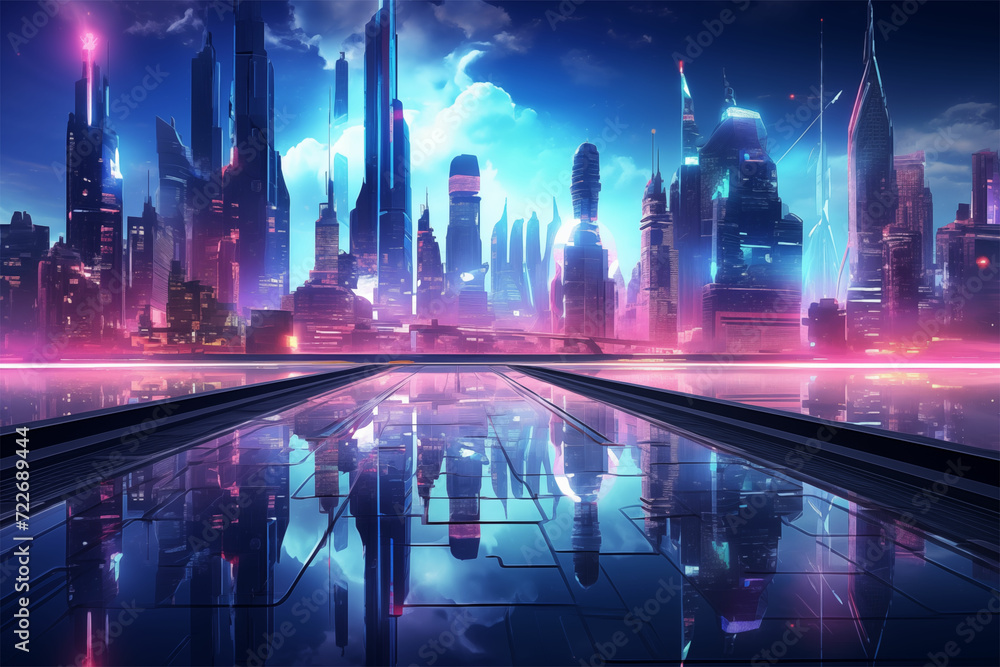 Immerse yourself in a mesmerizing scifi city skyline wallpaper with anime aesthetic, blending dark turquoise, light magenta, and enchanting cityscapes, perfect for video montages and manapunk enthusia