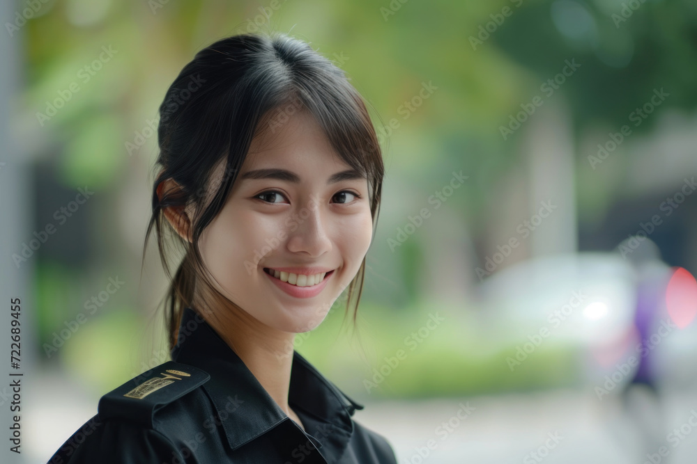 Asian woman wearing security guard or safety officer uniform on duty Asian woman wearing security guard or safety officer uniform on duty