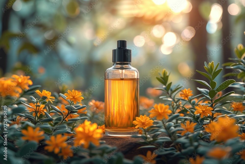 Fototapeta premium Yellow bottle of perfume on the background of landscape. Cosmetic Serum Bottle
