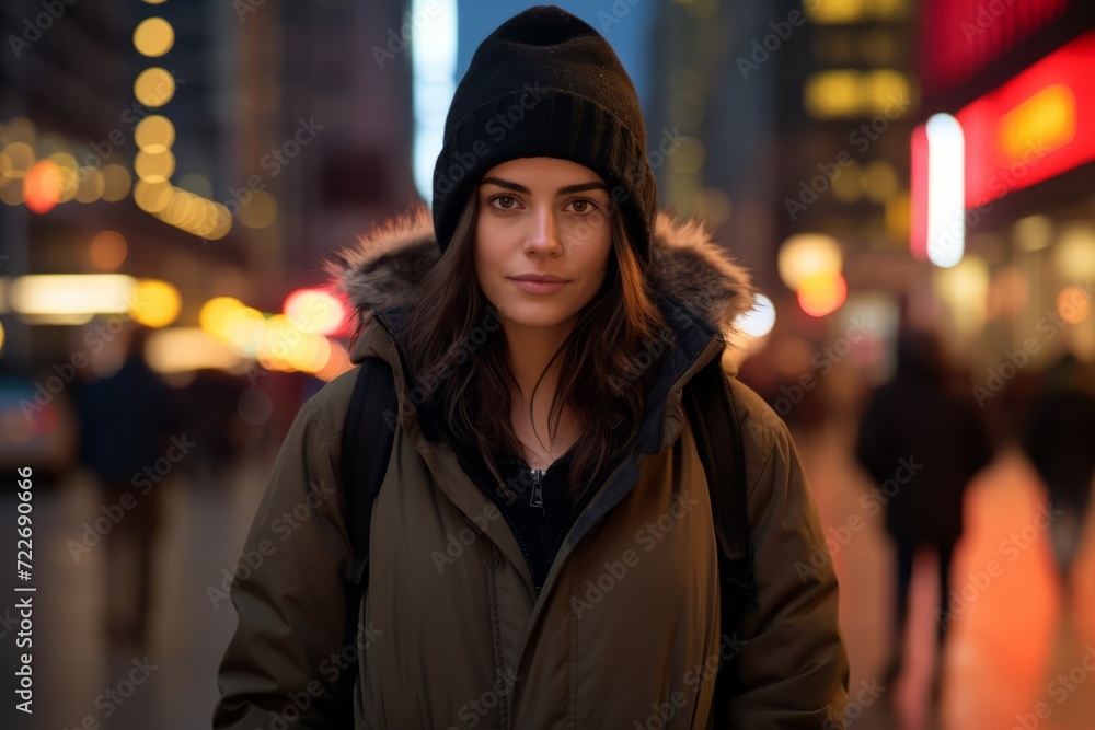 Portrait of a young woman in the city at night. Shallow depth of field