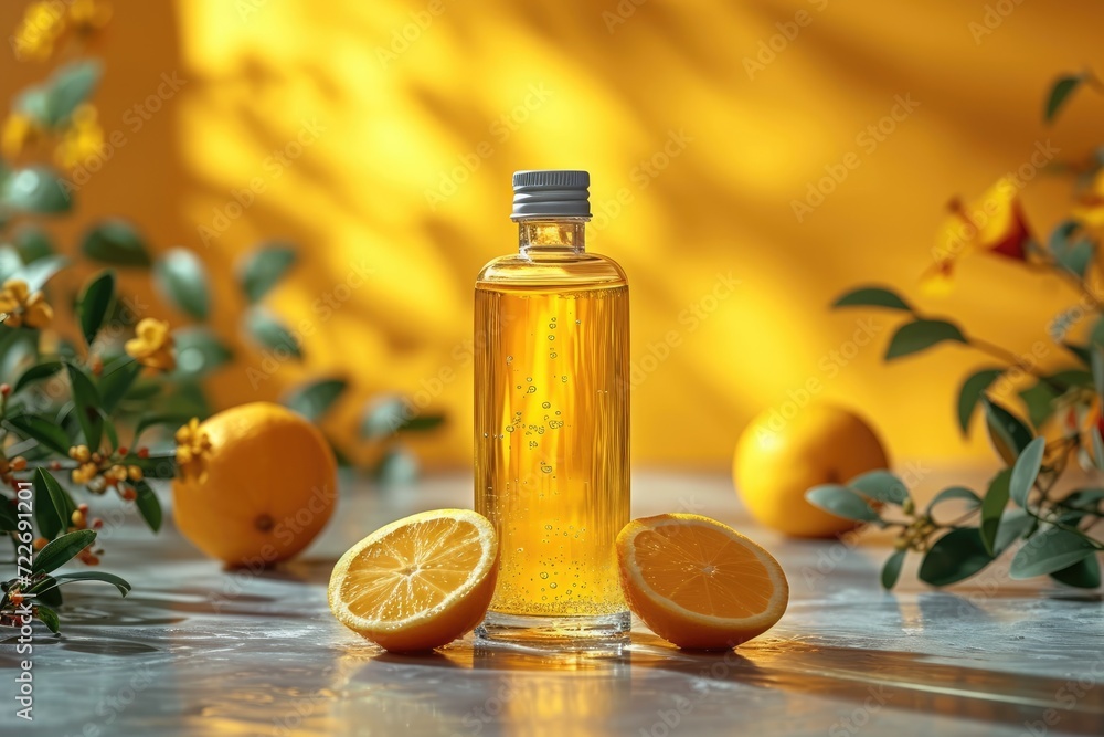 Yellow bottle of perfume on the background of landscape. Cosmetic Serum Bottle Yellow bottle of perfume on the background of landscape. Cosmetic Serum Bottle