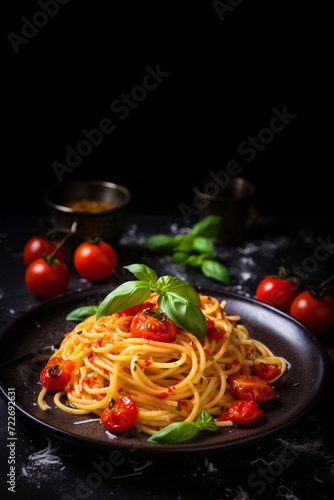 Traditional Italian pasta, Spaghetti with tomato sauce served on black plate.