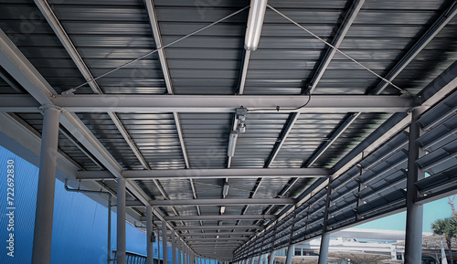 building structure Black steel pipe and H-beam steel Structure building of steel structure roof truss frame installation Inside the city walkway bridge in thailand