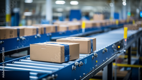 Cardboard box of product packaging moving on conveyor belt. Delivery of parcels. © pijav4uk