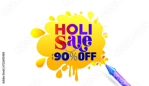 Vector illustration of Holi festival shopping, up to 90% off, sale, offer, deal, discount logo text and color splash background.