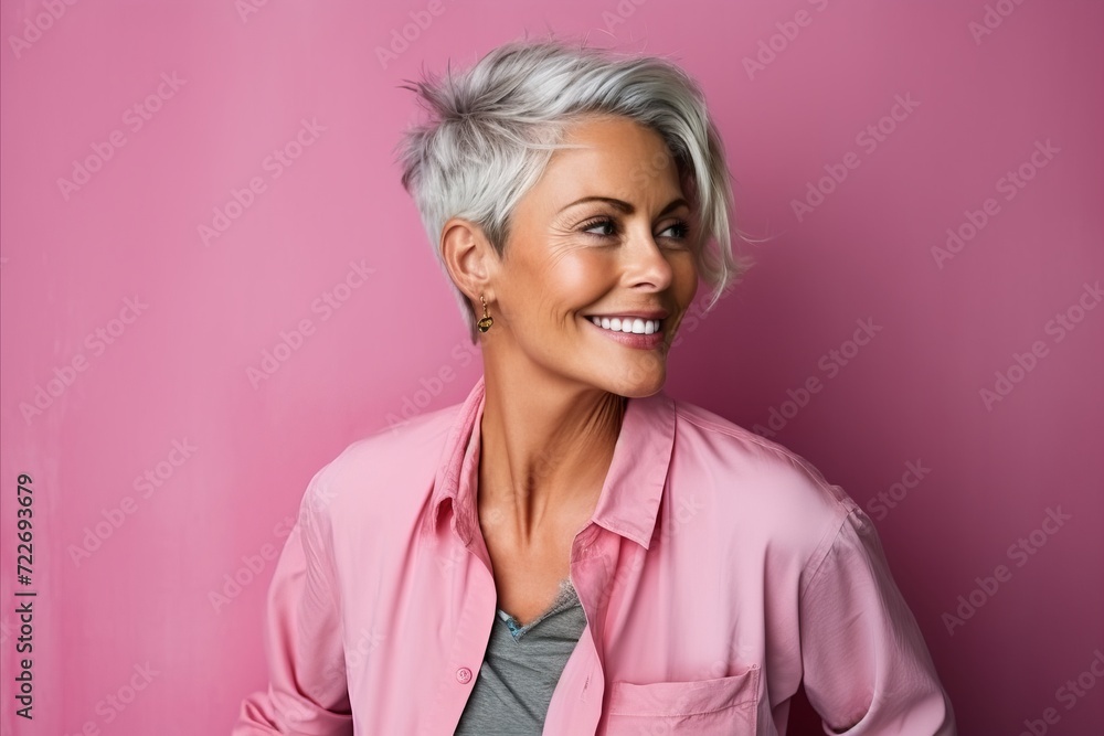 Portrait of a beautiful middle-aged woman smiling against a pink background Portrait of a beautiful middle-aged woman smiling against a pink background
