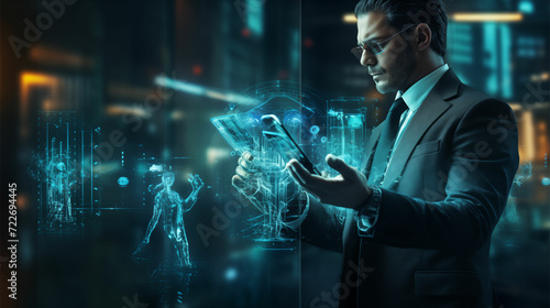 Experience cyber security in action with a UHD image featuring a man using phone and hand, bathed in light navy and aquamarine, embodying fluid networks and clear edge definition.