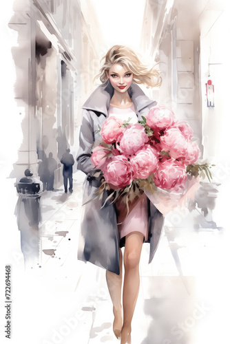 Stylish woman holding large bouquet of pink peonies on the street, Illustration.