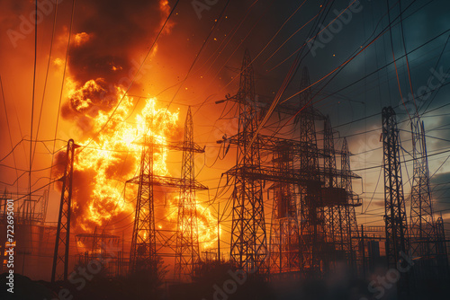 During terrorist attack, an electric power substation was blown up, which ignited fire which destroyed everything Generative AI photo