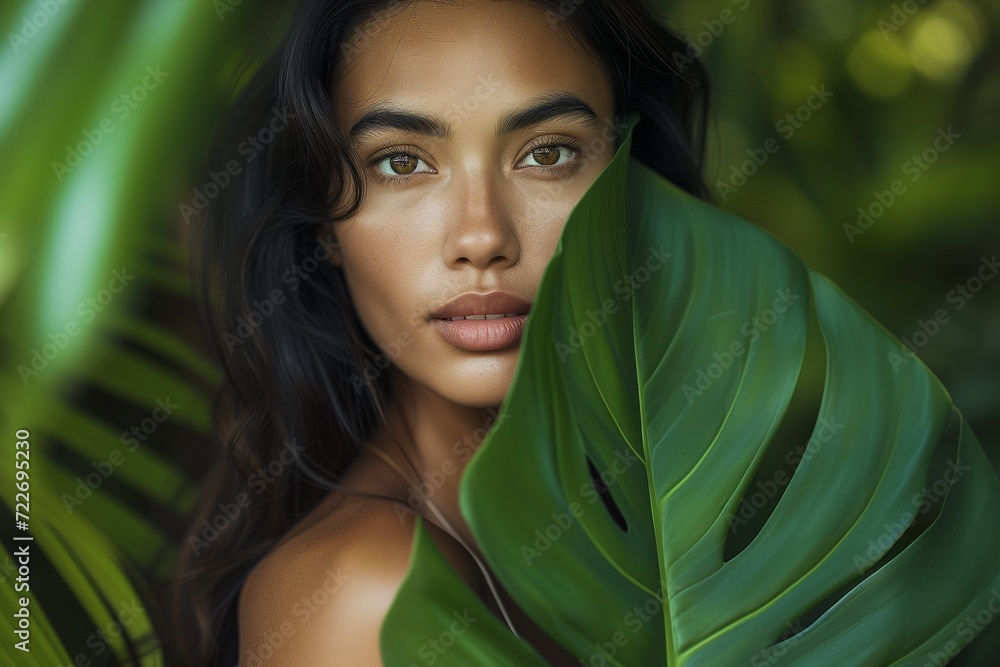Stunning close-up of a young woman with a fresh, natural look, peering through vibrant green monstera leaves, emphasizing her exotic beauty. Stunning close-up of a young woman with a fresh, natural look, peering through vibrant green monstera leaves, emphasizing her exotic beauty.