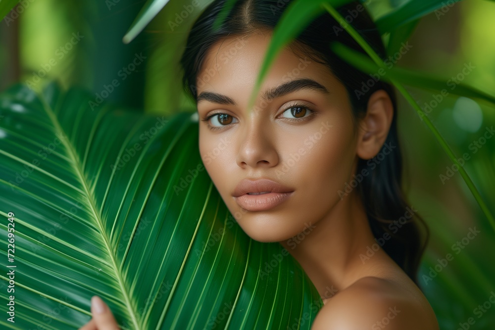 Stunning close-up of a young woman with a fresh, natural look, peering through vibrant green monstera leaves, emphasizing her exotic beauty. Stunning close-up of a young woman with a fresh, natural look, peering through vibrant green monstera leaves, emphasizing her exotic beauty.
