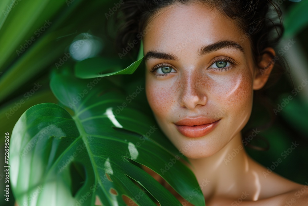Stunning close-up of a young woman with a fresh, natural look, peering through vibrant green monstera leaves, emphasizing her exotic beauty. Stunning close-up of a young woman with a fresh, natural look, peering through vibrant green monstera leaves, emphasizing her exotic beauty.