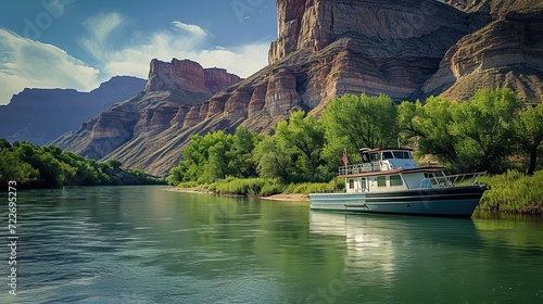 new boat on the green river , mountain background. copy space for text. photo