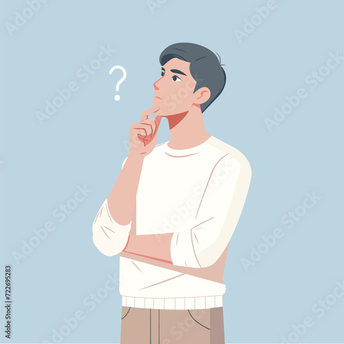 A thoughtful man with a question mark above his head, depicted in a minimalist style against on background.