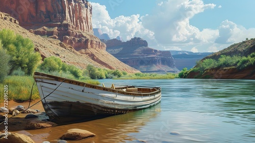 new boat on the green river , mountain background. copy space for text.