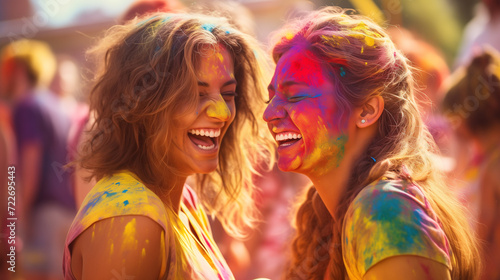 Group of joyful friends sharing laughter at colorful holi festival