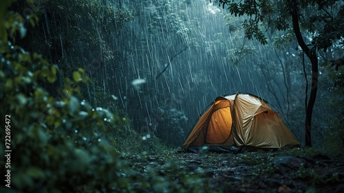 Rain on the tent in the forest, tropic, quiet, calm, peaceful, meditation, camping, night. Copy space for text.
