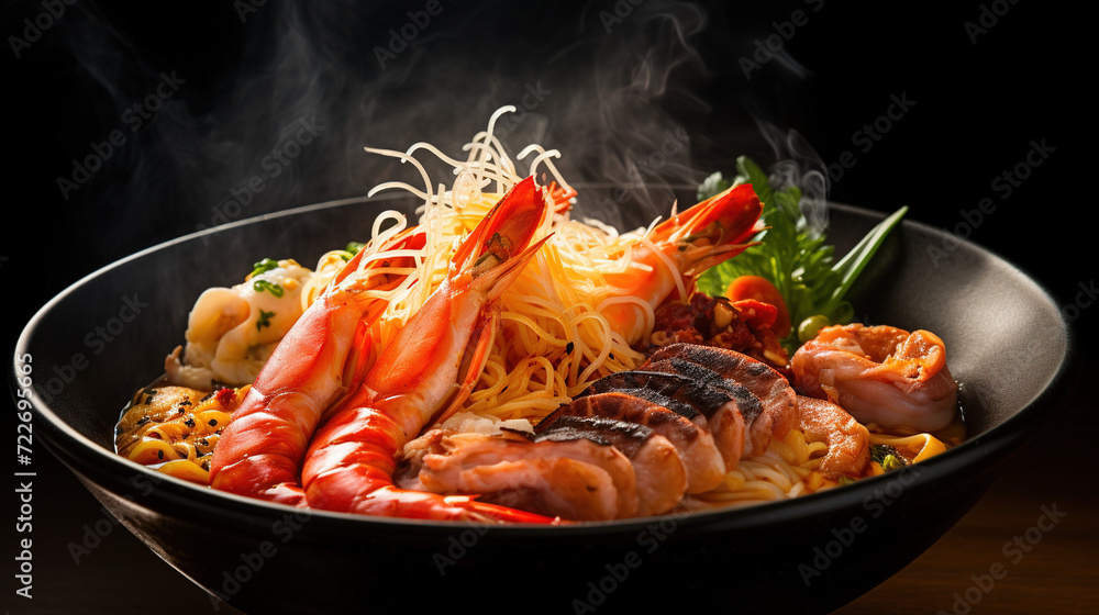 Asian ramen soup with shrimps, egg, noodle and spices. Asian ramen soup with shrimps, egg, noodle and spices.