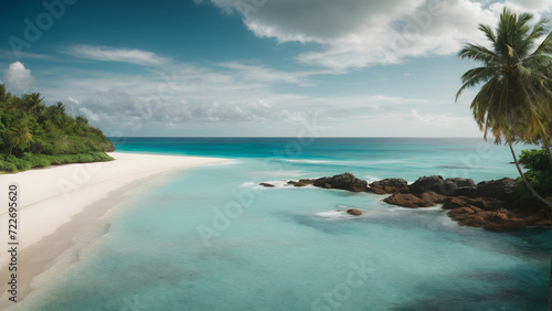 A pretty beach found in a warm place with smooth  light-colored sand and very clear  blue-green water.. Creative resource