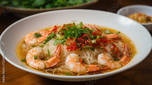 Asian ramen soup with shrimps, egg, noodle and spices.