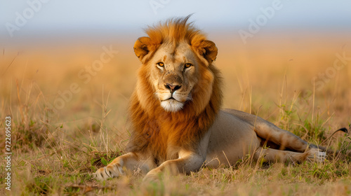 Big lion lying on savannah grass. Landscape with characteristic trees on the plain and hills in the background  generative ai