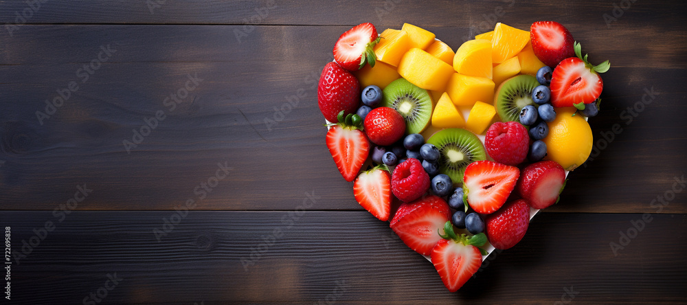 Heart-shaped slice of various fruits arranged on wooden table