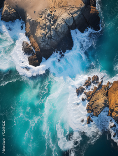 Aerial View of Waves Crashing at Rocky Shore