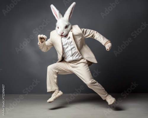 Obraz na płótnie anthro white rabbit, red eyes, arctic stock photo, winning photography, full body, full length, hyper realistic, 1930s --chaos 20 --ar 5:4 Job ID: b1824646-8d95-479e-bc99-54c395ccc59b w salonie