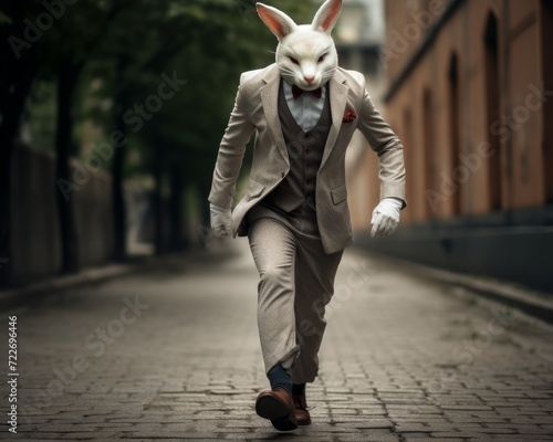 Obraz na płótnie anthro white rabbit, red eyes, arctic stock photo, winning photography, full body, full length, hyper realistic, 1930s --chaos 20 --ar 5:4 Job ID: b1824646-8d95-479e-bc99-54c395ccc59b w salonie