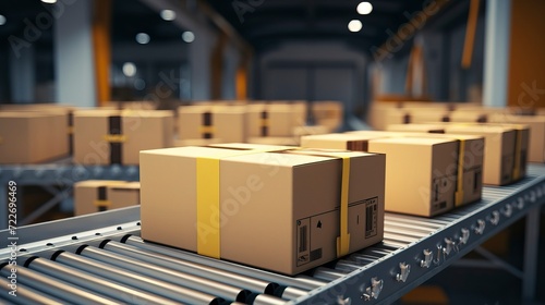 Conveyor belt in a distribution warehouse with row of Product 