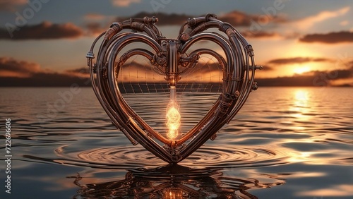 sunset on the water A steampunk love background with a heart on water. The heart is a scientific invention 