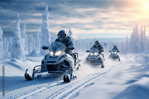 Group of snowmobiles in heavy snow photo