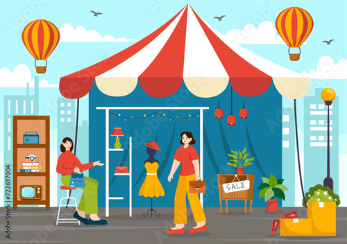 Flea Market Vector Illustration with Second Hand Shop with Shoppers, Swap Meet, Sellers and Customers at Weekend in Business Flat Background
